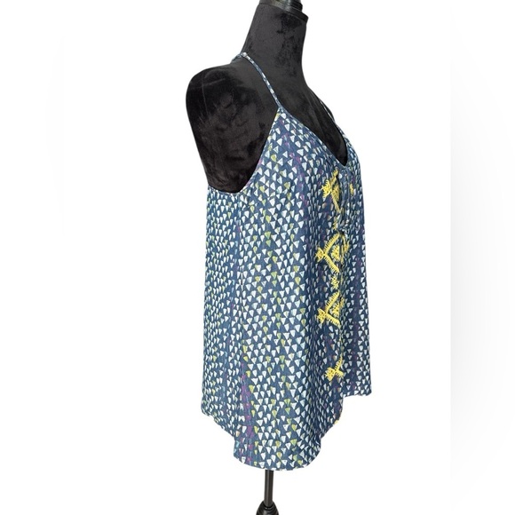 Boho Embroidered Cotton Tank Top Blue Yellow Geometric Print TR Designs size P - Picture 8 of 10